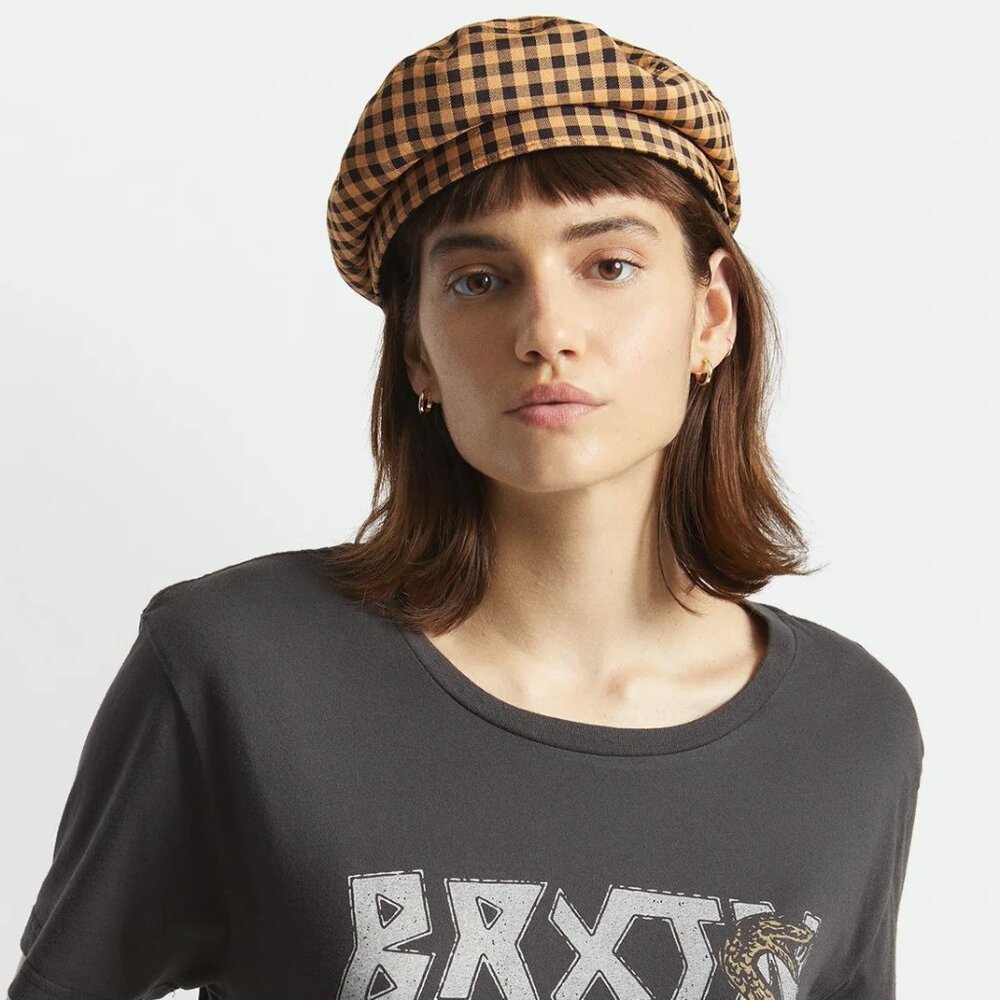 Brixton Fiddler Beret Cap Hat Gingham Plaid Cottagecore Beige-Yellow Black NEW